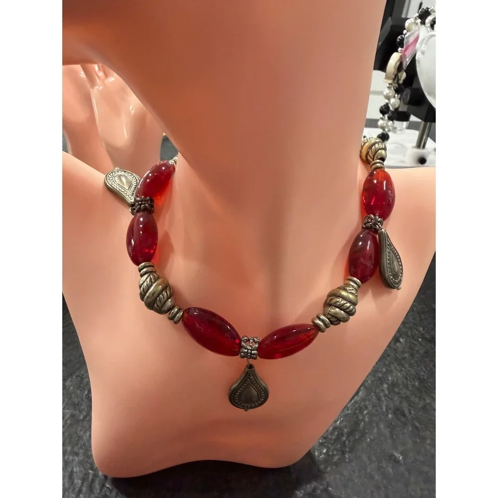 Boho Red Oval Bead Statement Necklace Antiqued Silver Tone Teardrop Charms